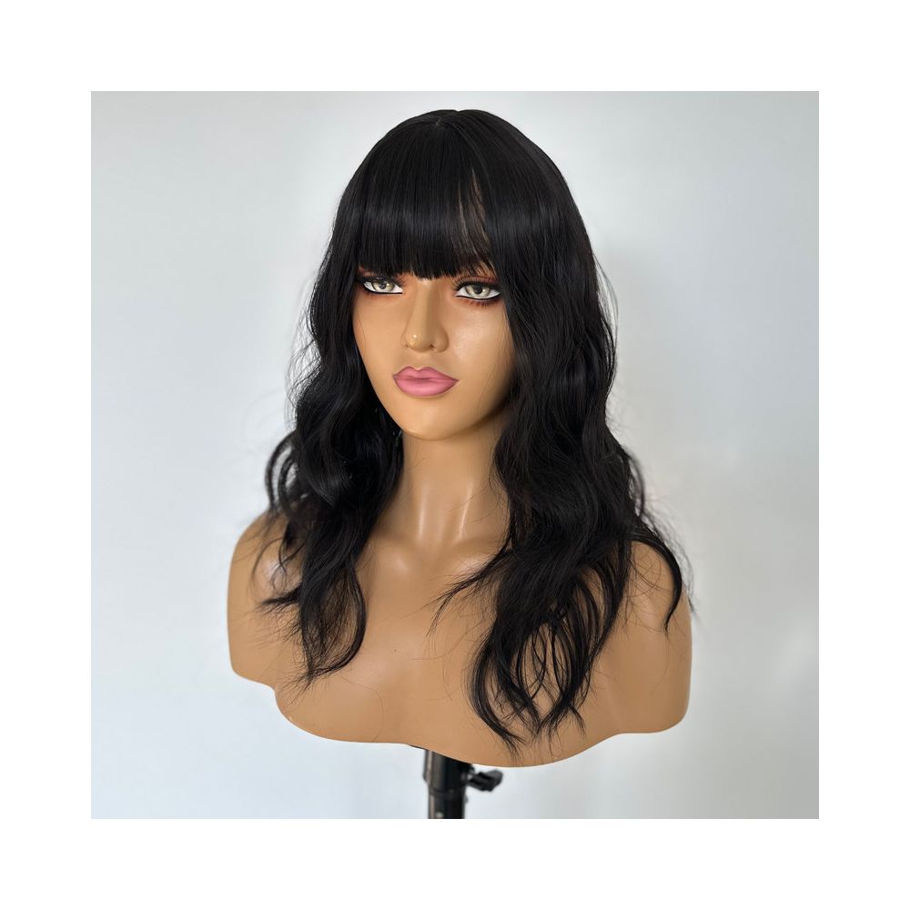 Black short curly wig for women COS high temperature silk bangs machine made wavy curls realistic everyday full wig image 0