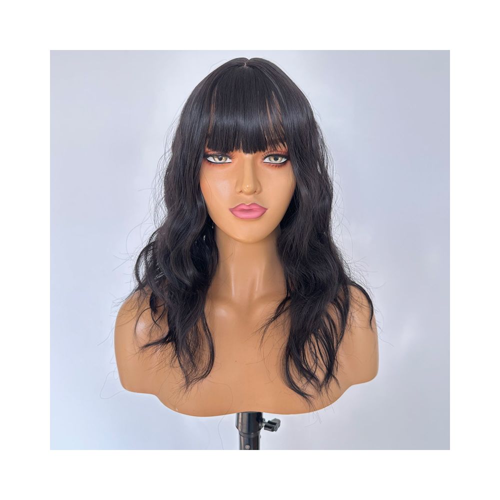 Black short curly wig for women COS high temperature silk bangs machine made wavy curls realistic everyday full wig image 1