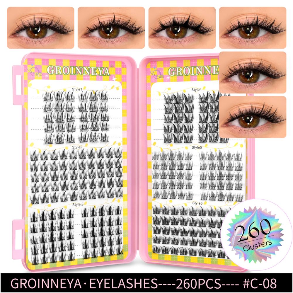 GROINNEYA 2025 New Large Capacity Eyelash Book 6 types of mixed natural segmented eyelashes