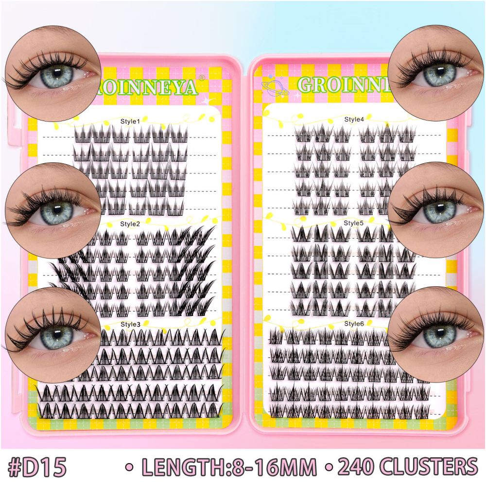 GROINNEYA 240 Cluster Large Capacity Natural Eyelash Book with 6 Mixed Types of Natural Segmented Eyelashes