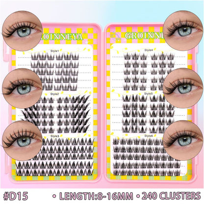 GROINNEYA 240 Cluster Large Capacity Natural Eyelash Book with 6 Mixed Types of Natural Segmented Eyelashes