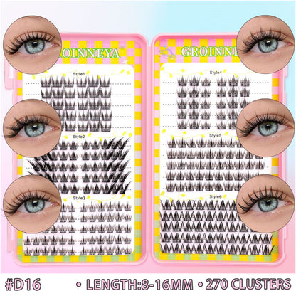 GROINNEYA 240 Cluster Large Capacity Natural Eyelash Book with 6 Mixed Types of Natural Segmented Eyelashes