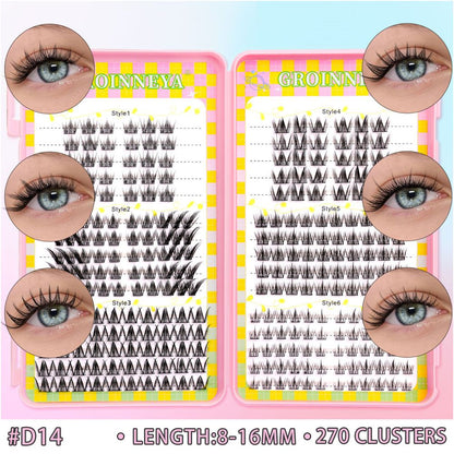 GROINNEYA 240 Cluster Large Capacity Natural Eyelash Book with 6 Mixed Types of Natural Segmented Eyelashes