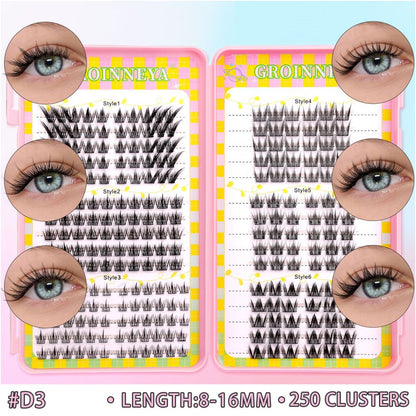 GROINNEYA 240 Cluster Large Capacity Natural Eyelash Book with 6 Mixed Types of Natural Segmented Eyelashes