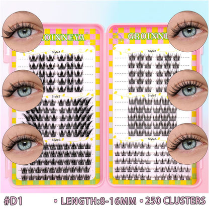 GROINNEYA 240 Cluster Large Capacity Natural Eyelash Book with 6 Mixed Types of Natural Segmented Eyelashes
