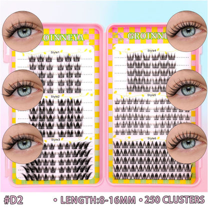 GROINNEYA 240 Cluster Large Capacity Natural Eyelash Book with 6 Mixed Types of Natural Segmented Eyelashes