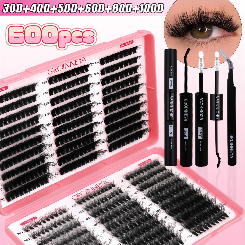 GROINNEYA new 600 cluster large capacity eyelash book with adhesive tweezers Asian style thick mixed set image 2