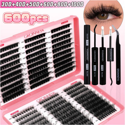 GROINNEYA new 600 cluster large capacity eyelash book with adhesive tweezers Asian style thick mixed set image 2