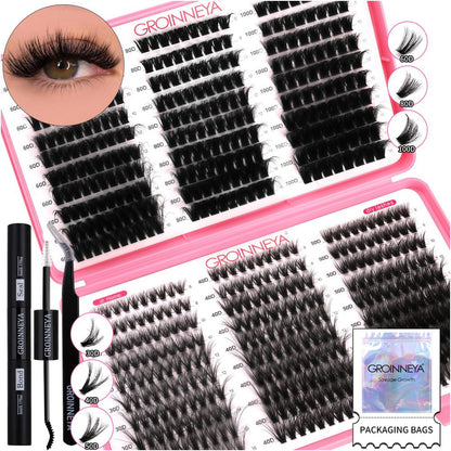 GROINNEYA new 600 cluster large capacity eyelash book with adhesive tweezers Asian style thick mixed set image 3