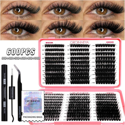 GROINNEYA new 600 cluster large capacity eyelash book with adhesive tweezers Asian style thick mixed set image 4