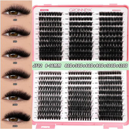 GROINNEYA new 600 cluster large capacity eyelash book with adhesive tweezers Asian style thick mixed set