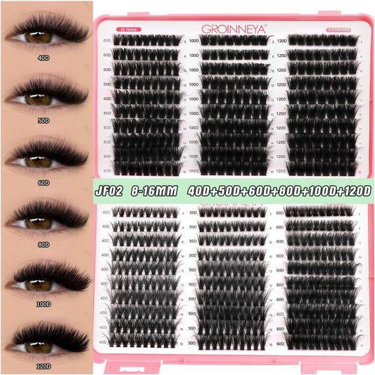GROINNEYA new 600 cluster large capacity eyelash book with adhesive tweezers Asian style thick mixed set