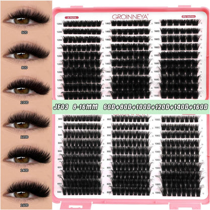 GROINNEYA new 600 cluster large capacity eyelash book with adhesive tweezers Asian style thick mixed set