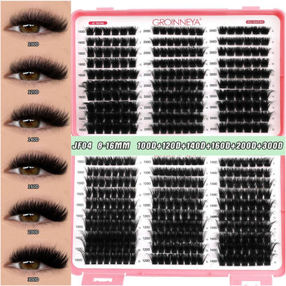 GROINNEYA new 600 cluster large capacity eyelash book with adhesive tweezers Asian style thick mixed set
