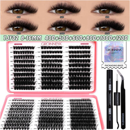 GROINNEYA new 600 cluster large capacity eyelash book with adhesive tweezers Asian style thick mixed set