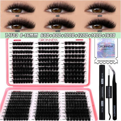 GROINNEYA new 600 cluster large capacity eyelash book with adhesive tweezers Asian style thick mixed set