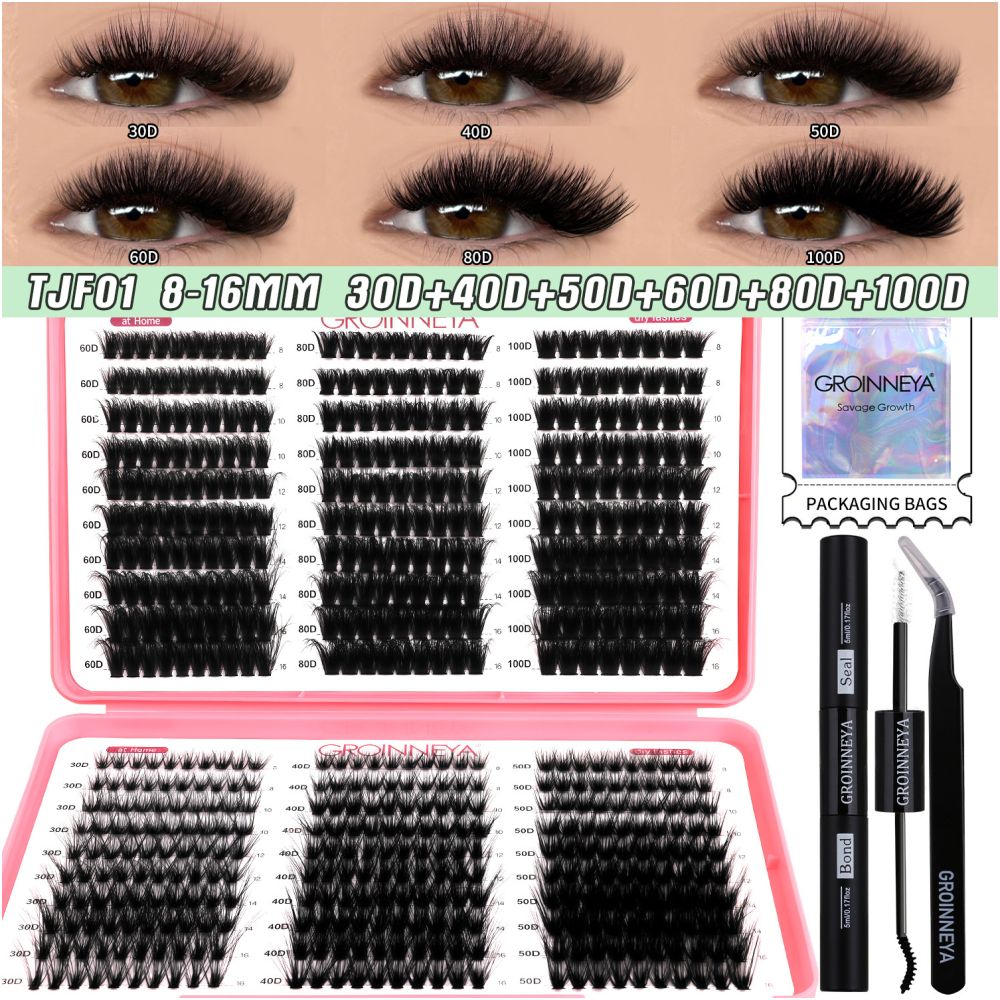 GROINNEYA new 600 cluster large capacity eyelash book with adhesive tweezers Asian style thick mixed set