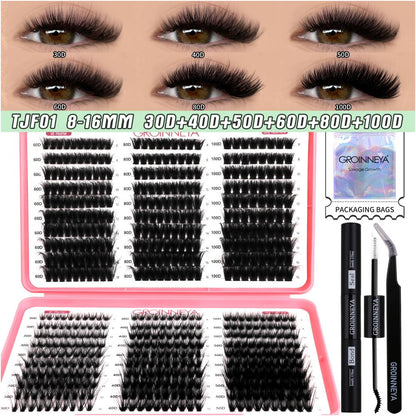 GROINNEYA new 600 cluster large capacity eyelash book with adhesive tweezers Asian style thick mixed set