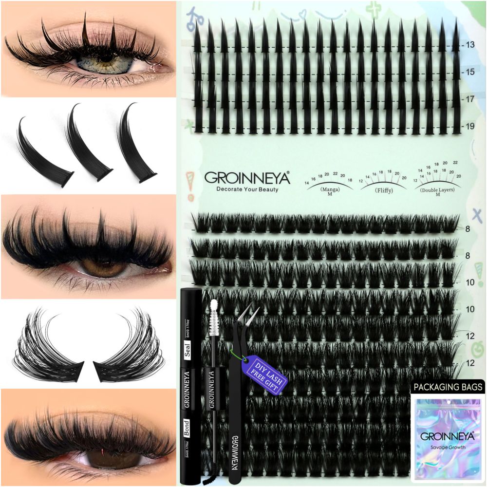 GROINNEYA New Mixed Blood Style False Eyelash Set Thick Little Devil Single Cluster Eyelash Multiple Density Mixed Mixing image 2