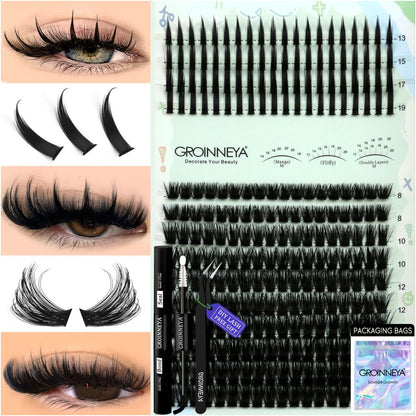 GROINNEYA New Mixed Blood Style False Eyelash Set Thick Little Devil Single Cluster Eyelash Multiple Density Mixed Mixing image 2