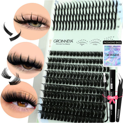 GROINNEYA New Mixed Blood Style False Eyelash Set Thick Little Devil Single Cluster Eyelash Multiple Density Mixed Mixing image 3