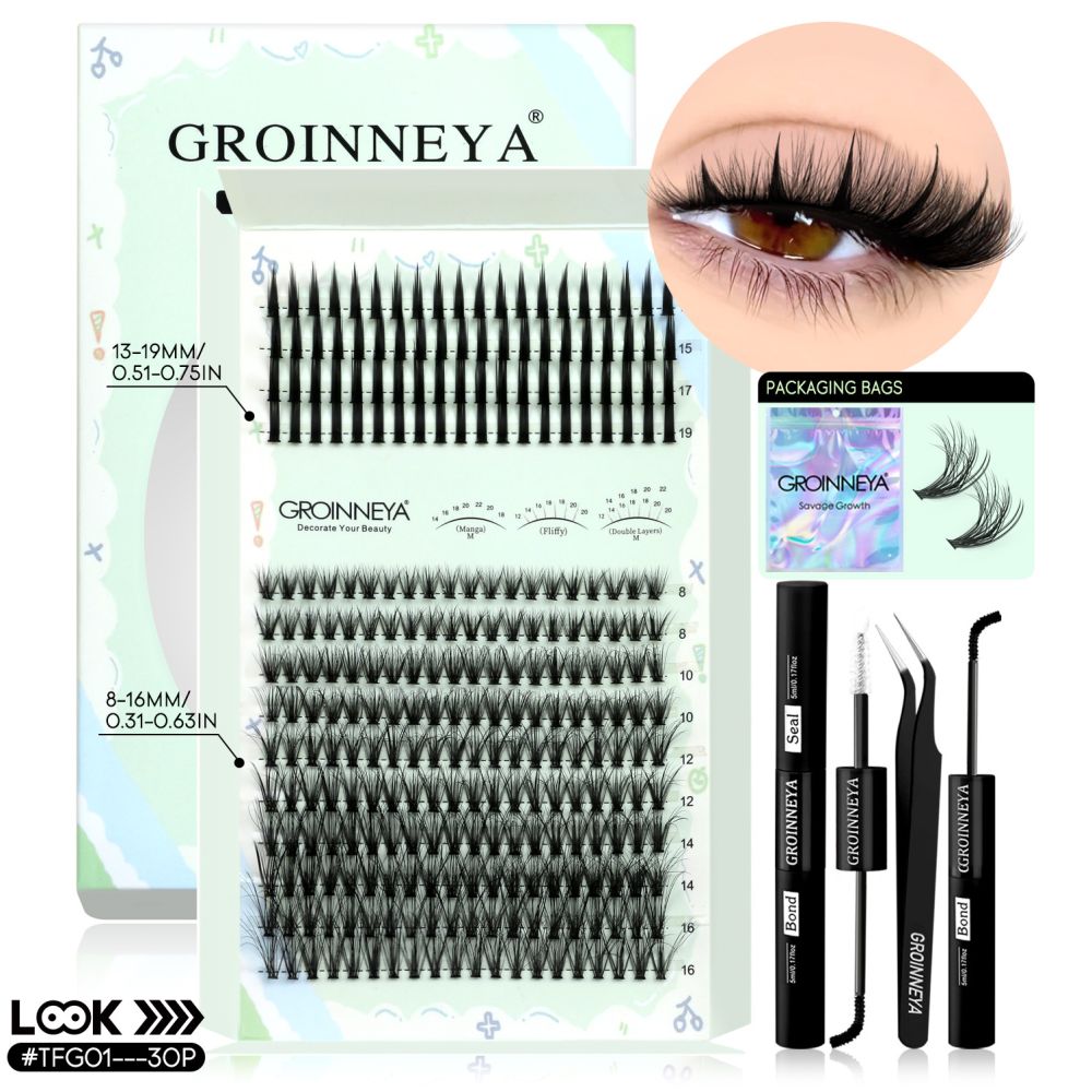GROINNEYA New Mixed Blood Style False Eyelash Set Thick Little Devil Single Cluster Eyelash Multiple Density Mixed Mixing