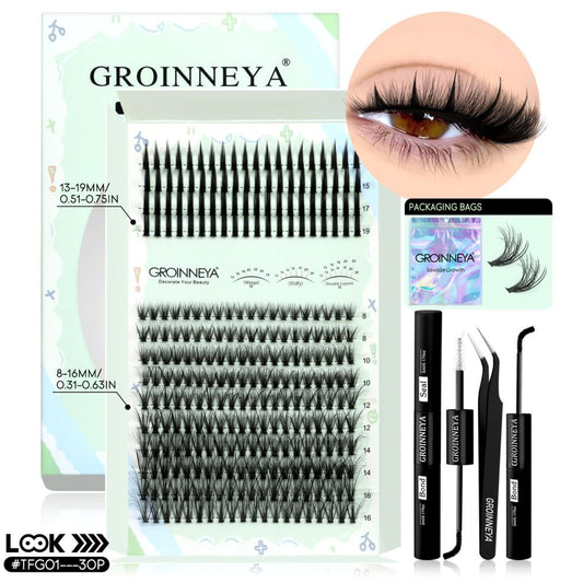 GROINNEYA New Mixed Blood Style False Eyelash Set Thick Little Devil Single Cluster Eyelash Multiple Density Mixed Mixing