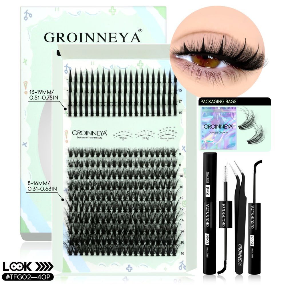 GROINNEYA New Mixed Blood Style False Eyelash Set Thick Little Devil Single Cluster Eyelash Multiple Density Mixed Mixing