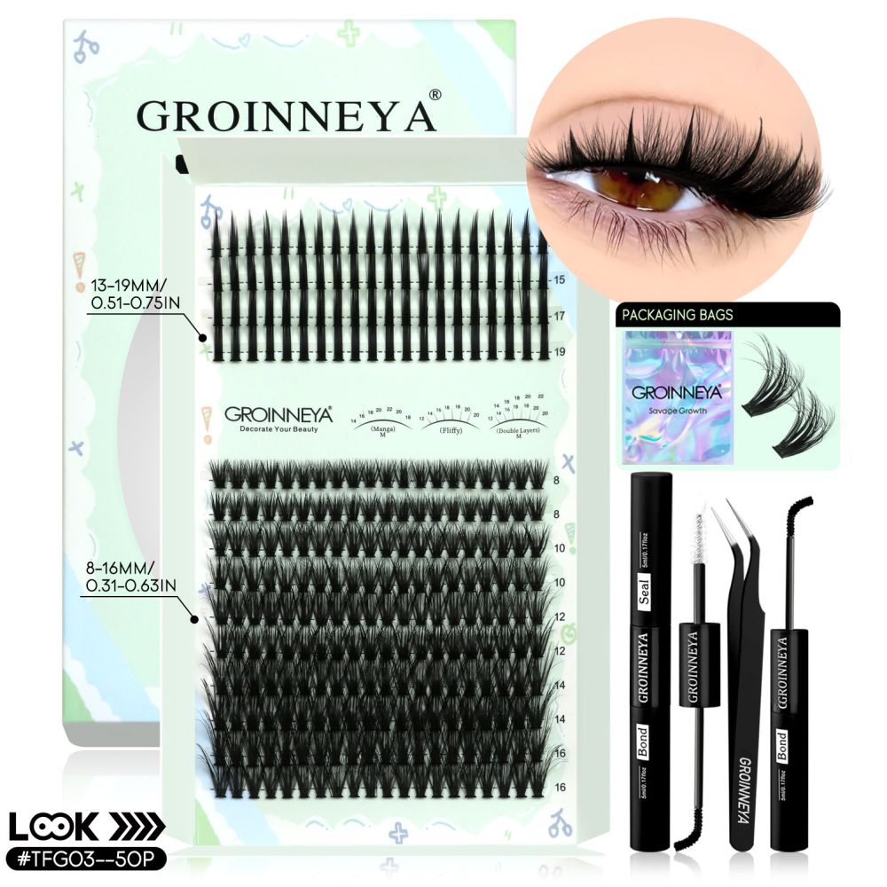 GROINNEYA New Mixed Blood Style False Eyelash Set Thick Little Devil Single Cluster Eyelash Multiple Density Mixed Mixing