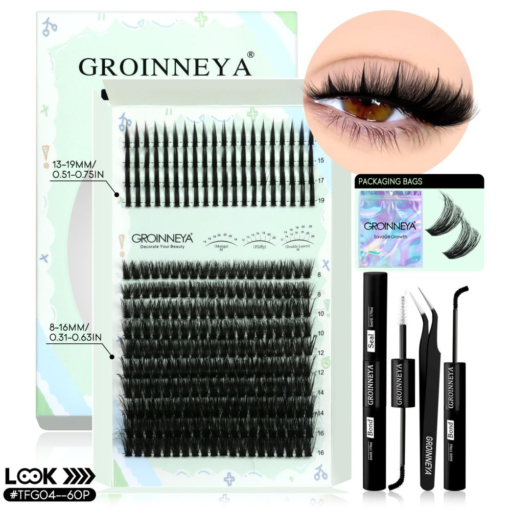 GROINNEYA New Mixed Blood Style False Eyelash Set Thick Little Devil Single Cluster Eyelash Multiple Density Mixed Mixing