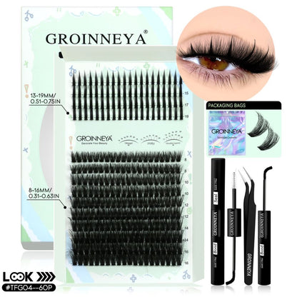 GROINNEYA New Mixed Blood Style False Eyelash Set Thick Little Devil Single Cluster Eyelash Multiple Density Mixed Mixing