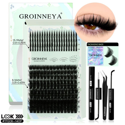 GROINNEYA New Mixed Blood Style False Eyelash Set Thick Little Devil Single Cluster Eyelash Multiple Density Mixed Mixing