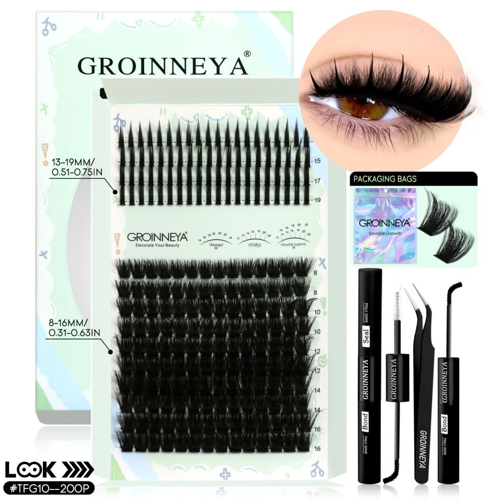 GROINNEYA New Mixed Blood Style False Eyelash Set Thick Little Devil Single Cluster Eyelash Multiple Density Mixed Mixing