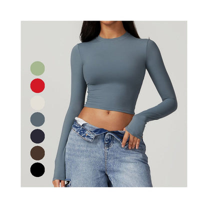 Spicy girl brushed hair tight fitting sports T shirt women s quick drying long sleeved yoga suit Pilates running base fitness top image 1