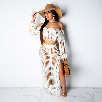 S3554 Cross-Border Hot Sale Summer New Style Cut Out Sexy Fashion Mesh Tassel See-Through Two-Piece Suit for Women