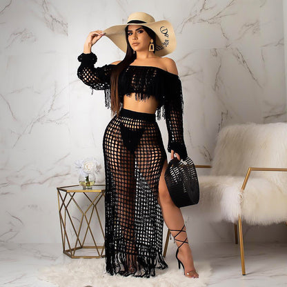 S3554 Cross-Border Hot Sale Summer New Style Cut Out Sexy Fashion Mesh Tassel See-Through Two-Piece Suit for Women