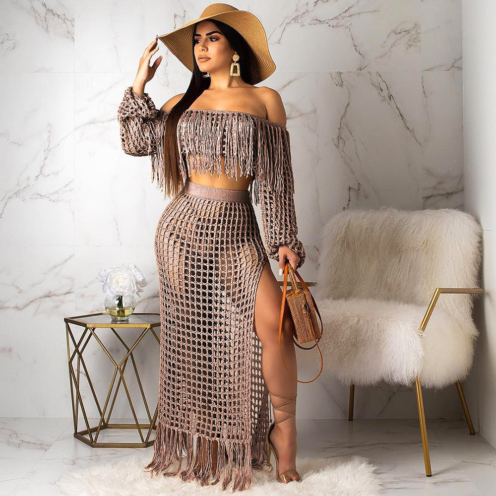 S3554 Cross-Border Hot Sale Summer New Style Cut Out Sexy Fashion Mesh Tassel See-Through Two-Piece Suit for Women
