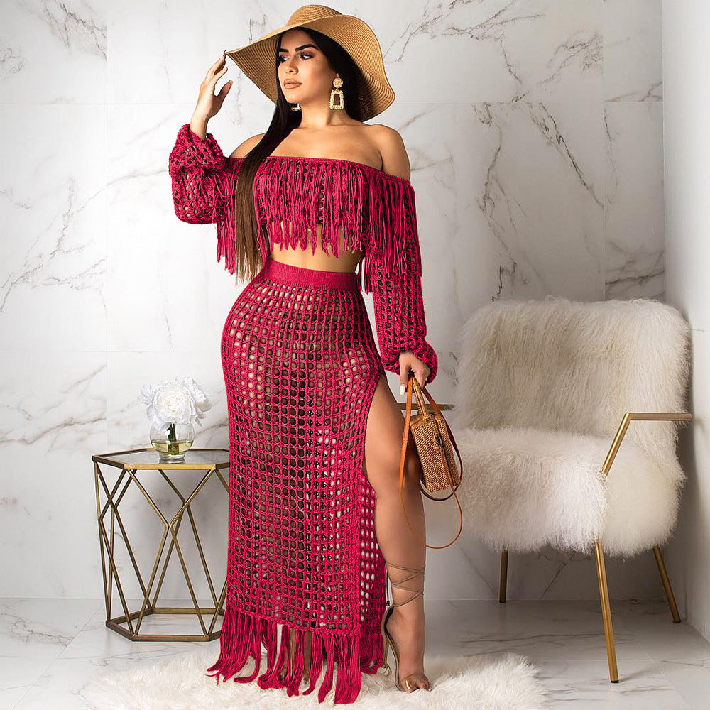 S3554 Cross-Border Hot Sale Summer New Style Cut Out Sexy Fashion Mesh Tassel See-Through Two-Piece Suit for Women