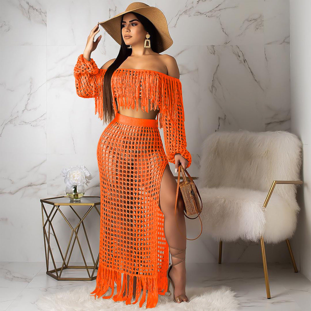 S3554 Cross-Border Hot Sale Summer New Style Cut Out Sexy Fashion Mesh Tassel See-Through Two-Piece Suit for Women