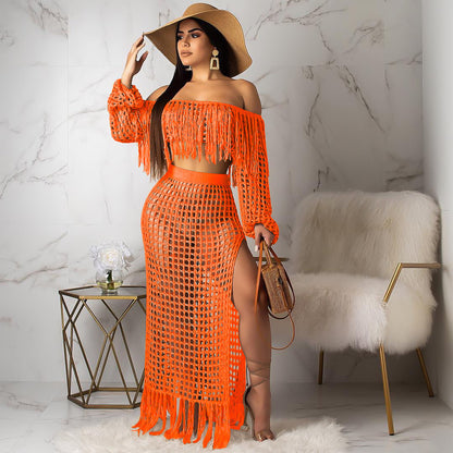 S3554 Cross-Border Hot Sale Summer New Style Cut Out Sexy Fashion Mesh Tassel See-Through Two-Piece Suit for Women