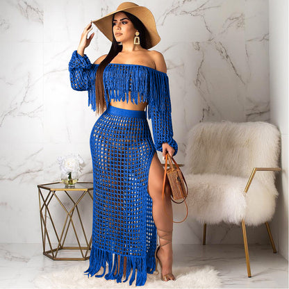 S3554 Cross-Border Hot Sale Summer New Style Cut Out Sexy Fashion Mesh Tassel See-Through Two-Piece Suit for Women