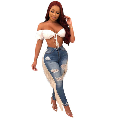 S3658 Cross-Border European and American Casual Ripped Tassel Jeans Fashionable Stylish Street Trendy Denim Pants