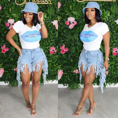 S3778 Cross-Border Wholesale European and American Ripped Tassel Brushed Denim Shorts Women's Jeans Casual Straight Pants