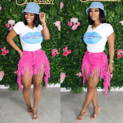 S3778 Cross-Border Wholesale European and American Ripped Tassel Brushed Denim Shorts Women's Jeans Casual Straight Pants