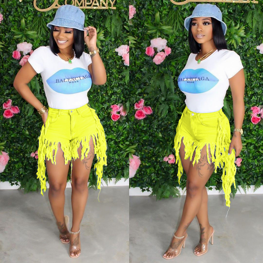 S3778 Cross-Border Wholesale European and American Ripped Tassel Brushed Denim Shorts Women's Jeans Casual Straight Pants