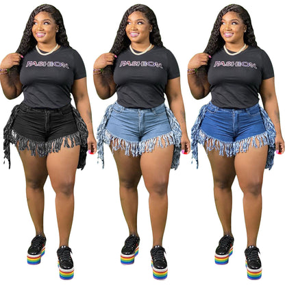 S3850 Cross-Border Wholesale European and American Popular Tassel Brushed Denim Shorts Women's Jeans Casual Straight Pants