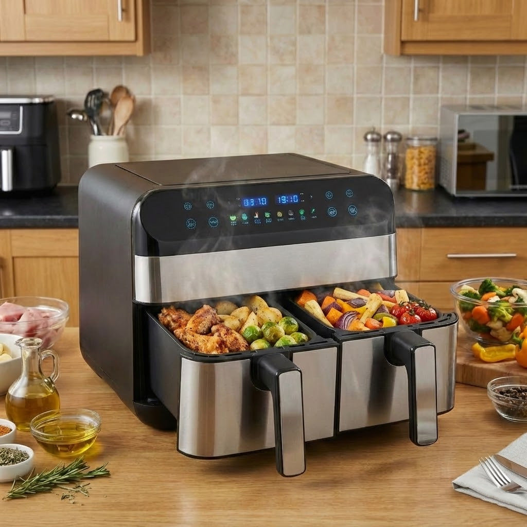 Double Door Double Pot Air Fryer 9L High Power 1800W Heating Touch Screen Electronic Control Household Cross-Border Fryer