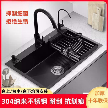 Black 304 Stainless Steel Sink 3mm Thickeneded Kitchen Sink Large Single Tank Household Above Counter Basin under Counter Dishwashing Basin