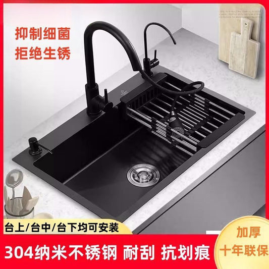 Black 304 Stainless Steel Sink 3mm Thickeneded Kitchen Sink Large Single Tank Household Above Counter Basin under Counter Dishwashing Basin