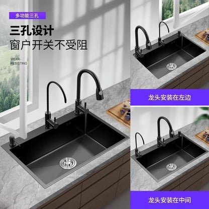 Black 304 Stainless Steel Sink 3mm Thickeneded Kitchen Sink Large Single Tank Household Above Counter Basin under Counter Dishwashing Basin